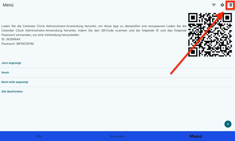 Option zum Löschen des Kontos in der Kalenderuhr-App