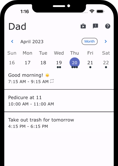 Die Kalenderuhr Administrator-App zeigt einen Kalender mit mehreren Ereignissen